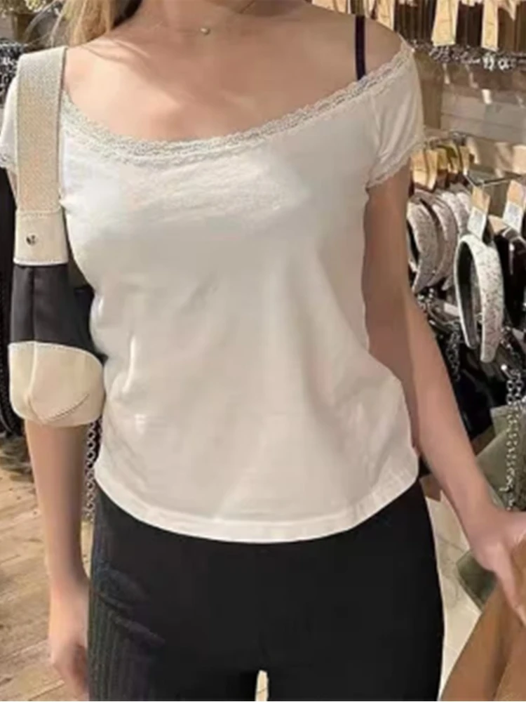 Casual Women White Lace Edge Tees 2023 Summer Fashion O Neck Short Sleeves Solid Color Tees Female Slim Tops