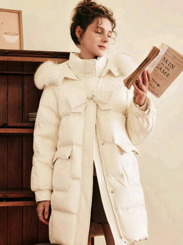 OLrain الحلو مقنعين أسفل سترة المرأة شتاء 2025 جديد الفرنسية طويلة أسفل سترة الصلبة القوس تصميم فضفاض المعاطف الدافئة O22DY59033 #5