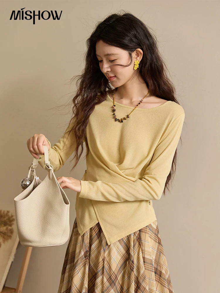 

MISHOW двухцветный вязаный топ с перекрестными бретелями для женщин, осень-зима 2022, новый классический топ с круглым вырезом и длинными рукавами, MXE43Z1344