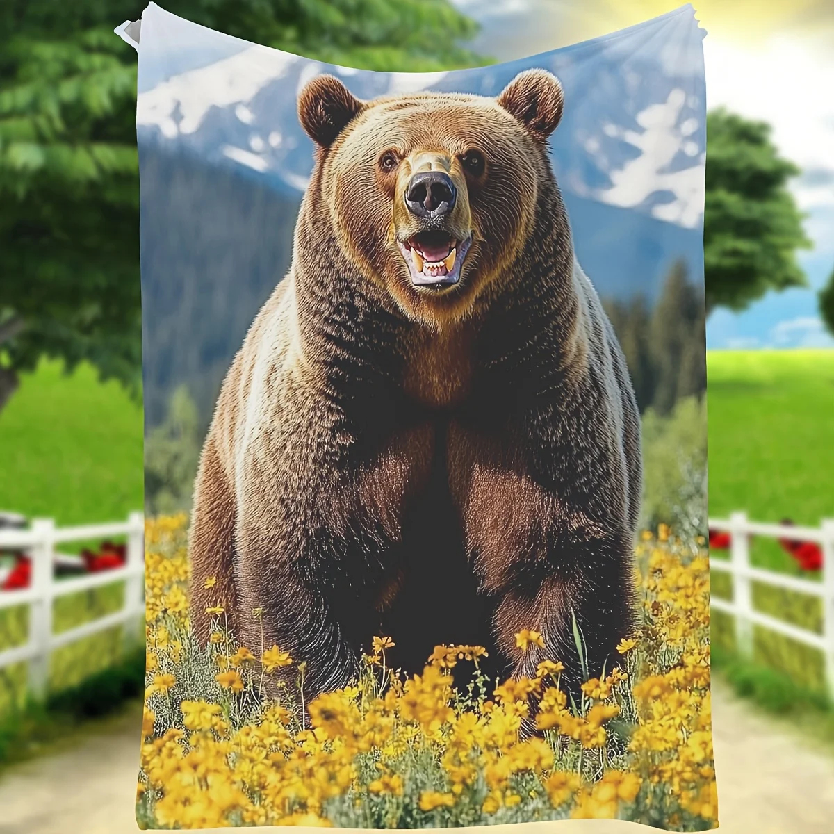 

1 шт. уютное фланелевое одеяло с ярким медведем и горным принтом — мягкое, легкое одеяло из полиэстера для домашнего декора, приключения на свежем воздухе