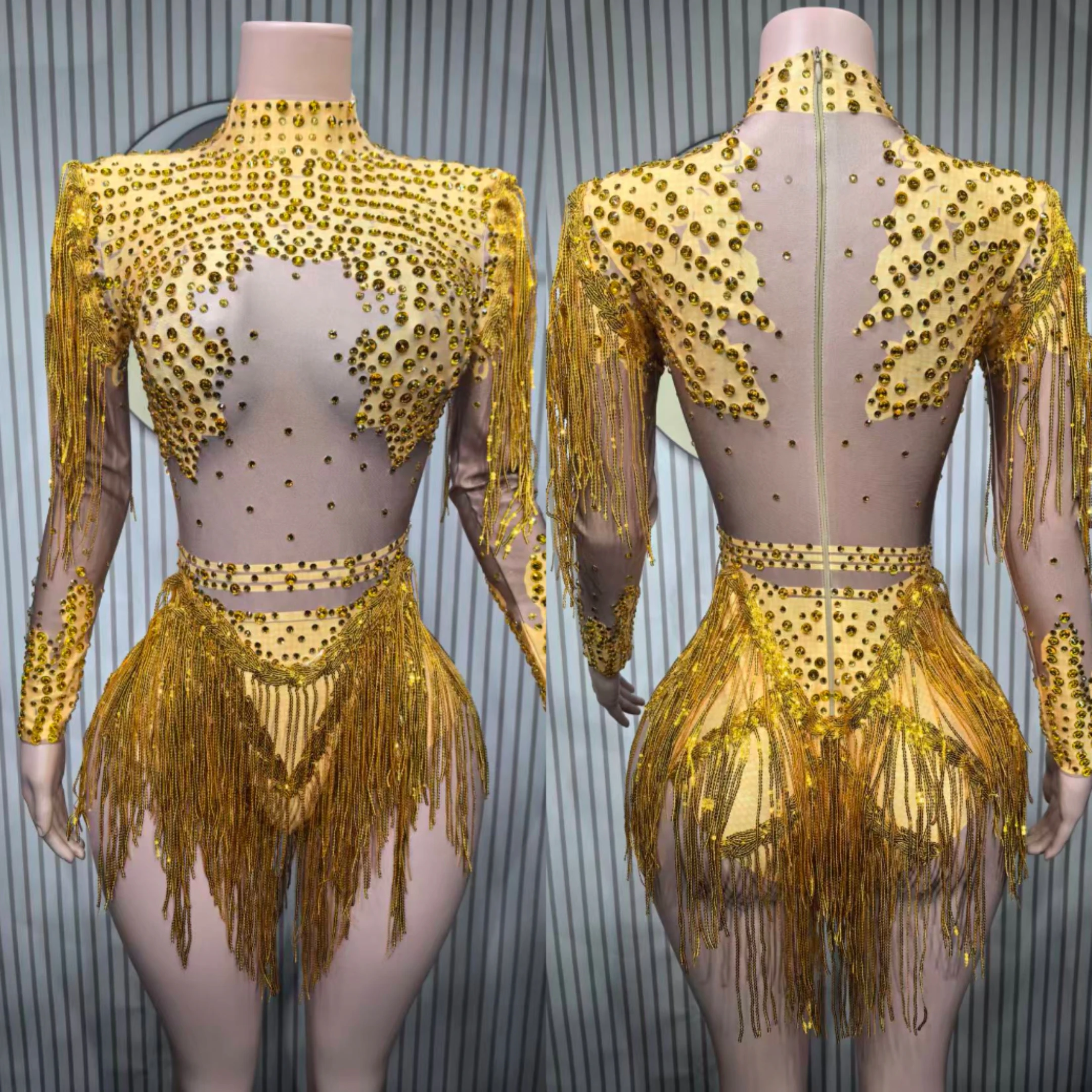 Zilveren strass stretch bodysuits met lange mouwen voor dames sexy avond luxe feest nachtclub toneelkostuum bodysuit - afbeelding 1