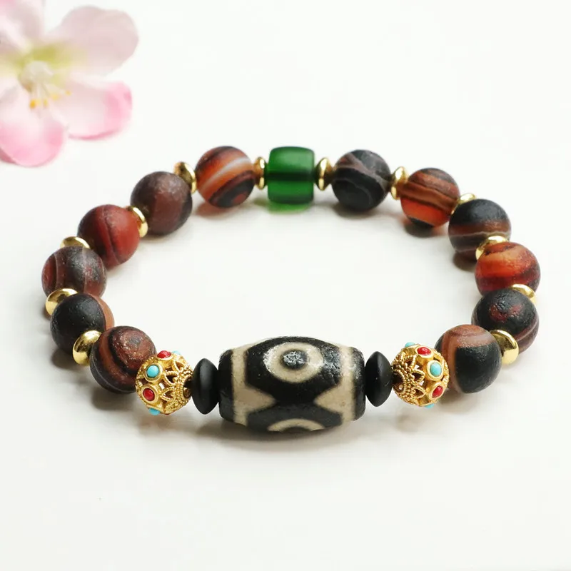 

Three-Eyed Dzi Bead Bracelet Agate Jewelry