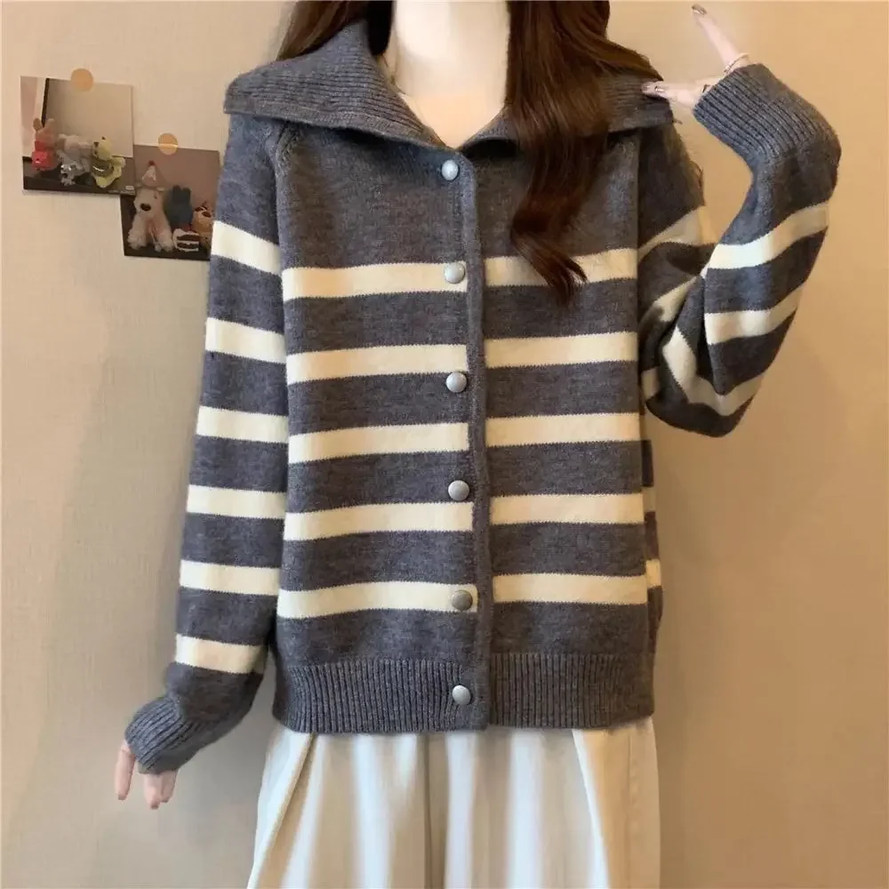 

Loose and Slimming Stylish and Versatile Sweater Jacket Polo Collar Striped Knitted Cardigan for Women