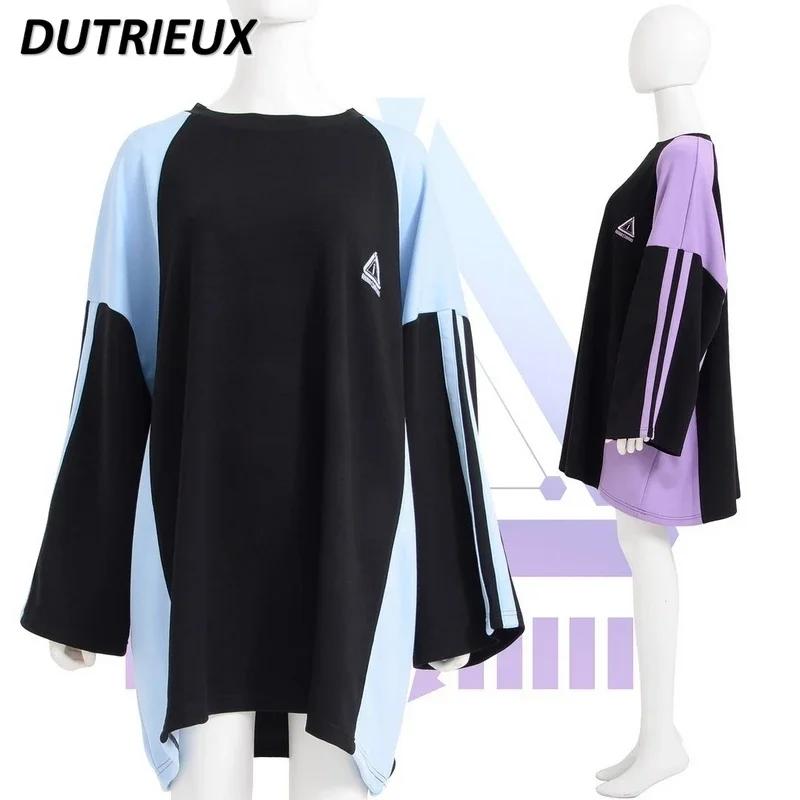 일본 광산 색상 매칭 스포츠 티셔츠 드레스 봄과 가을 새로운 달콤한 소녀 라운드 넥 긴 소매 중간 길이 풀오버