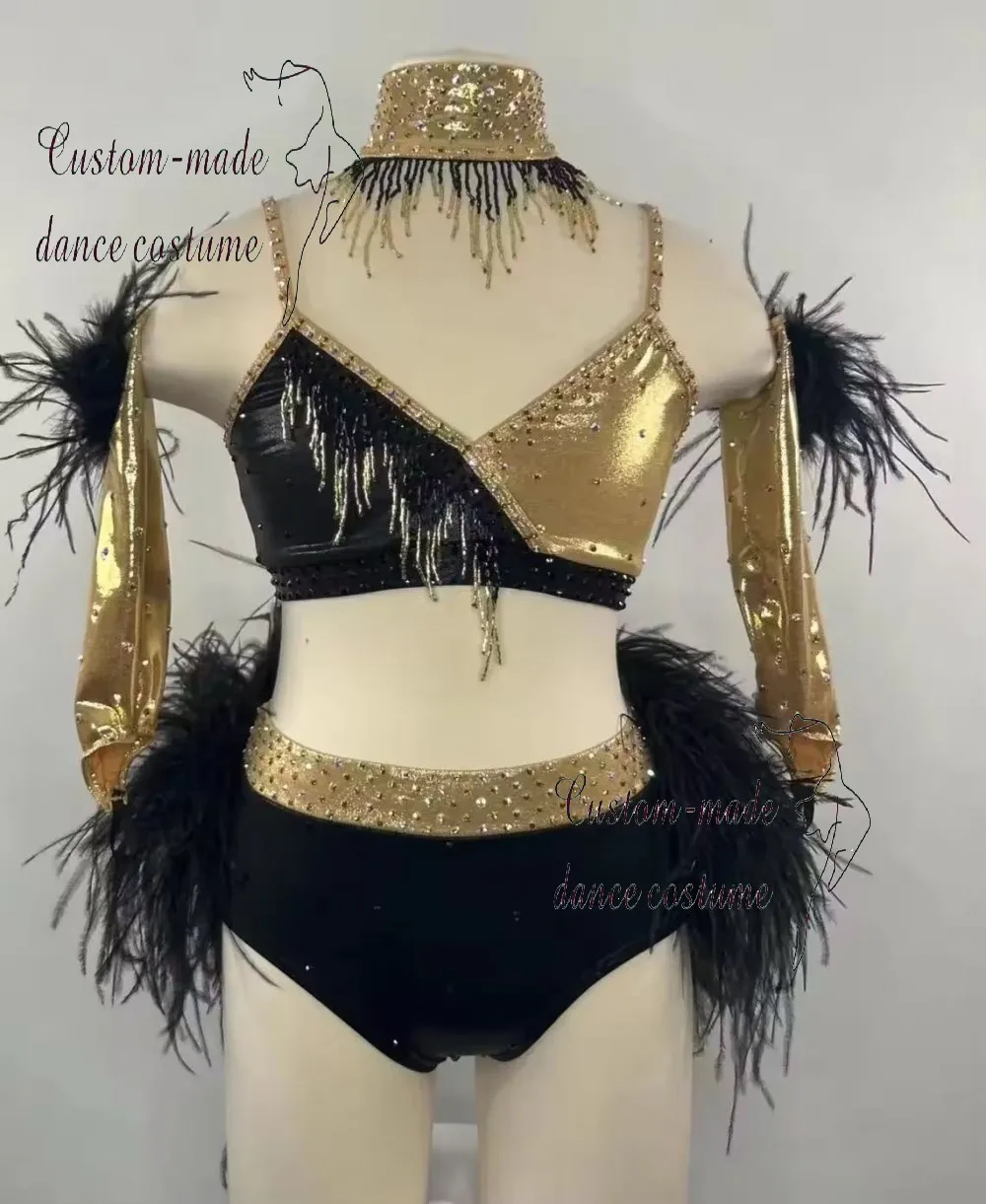 Zwart en goud lyrisch danskledinghemdje met hoge elasticiteit voor dames, verenversieringen en fonkelende strasssteentjes