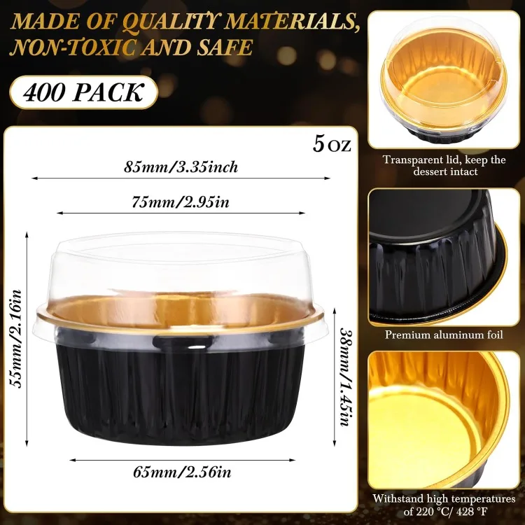 400 Pcs Aluminum Foil Baking Cups with Lids 5 oz Disposable Ramekins Mini Cake Pans Creme Brulee Cupcake Liners Muffin Tin