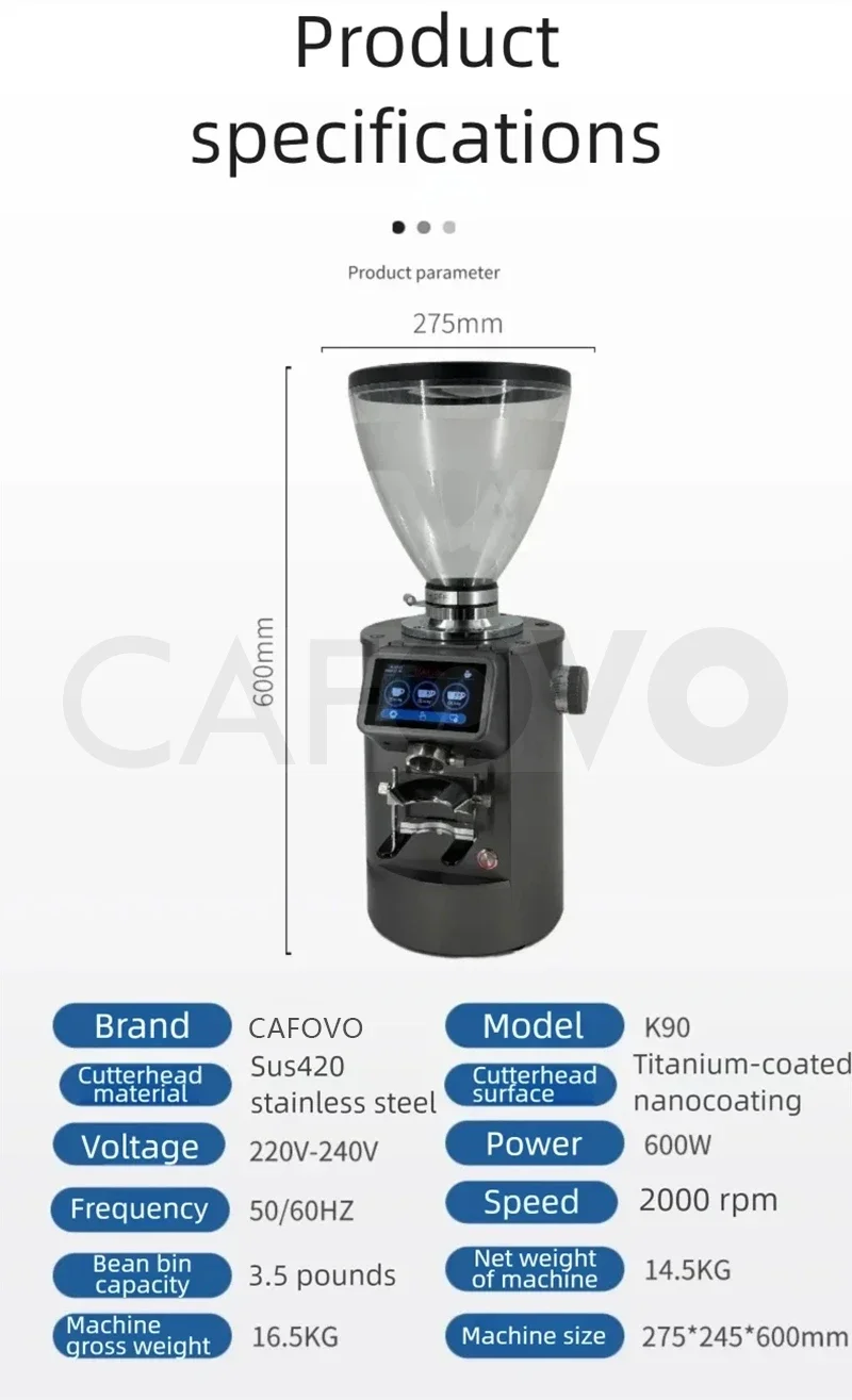 CAFOVO G190F Automatic Weight-Based Coffee Grinder Commercial Gravimetric Quantitative Espresso Grinder 90mm Flat Burr Mill
