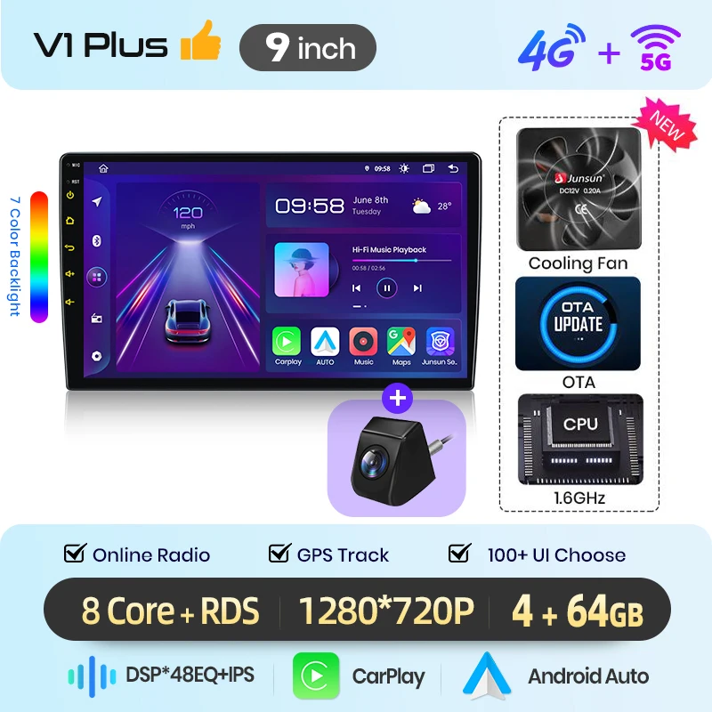 Junsun 9 inch Android 15 autoradio voor Toyota Corolla Verso 2004-2009, draadloos Apple CarPlay, IPS touchscreen, stereo multimediaspeler, video, automotive smart intelligent systemen, 2 DIN autoradio