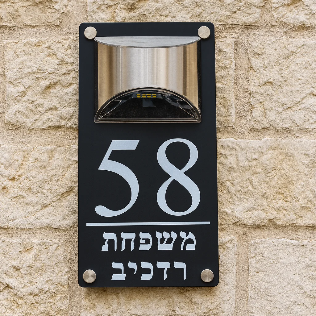 Modern Personalized Hebrew House Number Led Solar Outdoor Light Sign Print Acrylic Address Automatically Lit Plaque Wall Plate