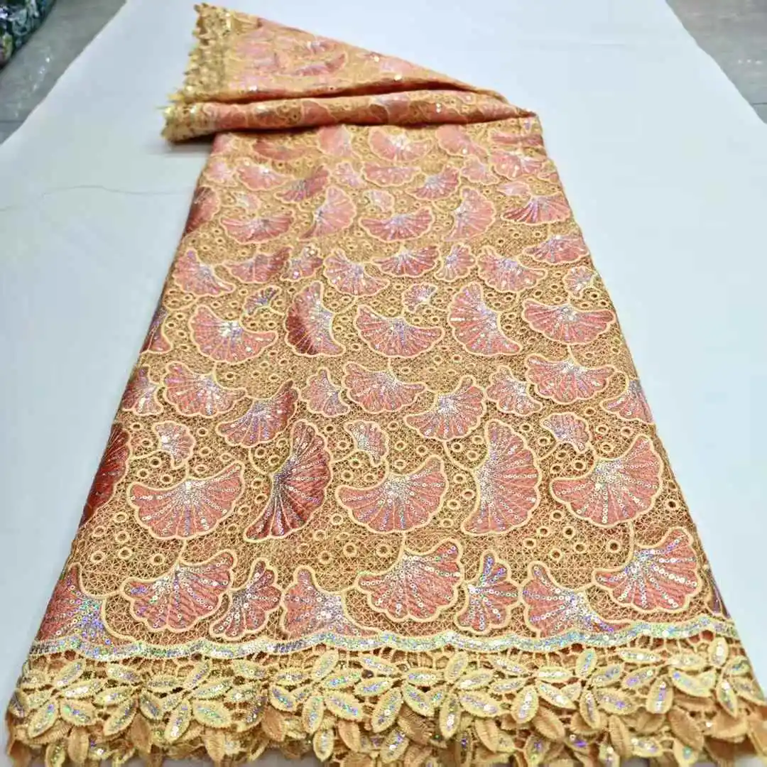 Tela de encaje flocado de cordón de guipur africano 2025, tela de encaje de lentejuelas Soluble en agua nigeriana de alta calidad para costura de vestido de fiesta para mujer