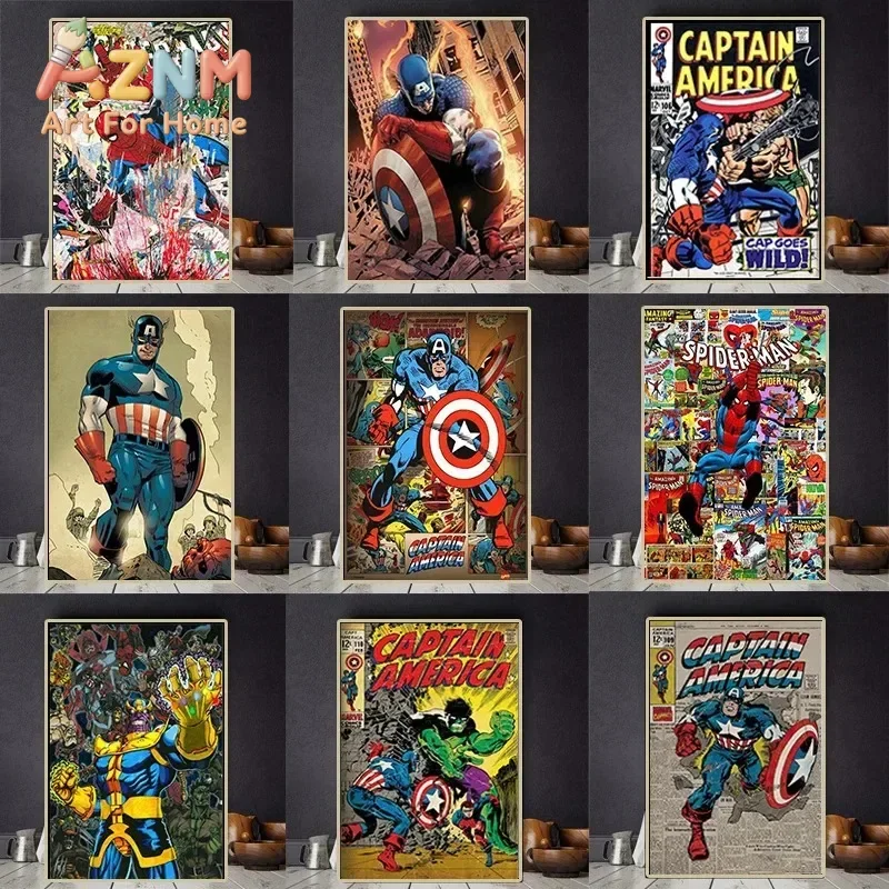 AZNM Vintage Marvel Comic Canvas Wall Art Frameless Poster Captain America Spider-Man Retro Comic Book Cover Print Room Decor