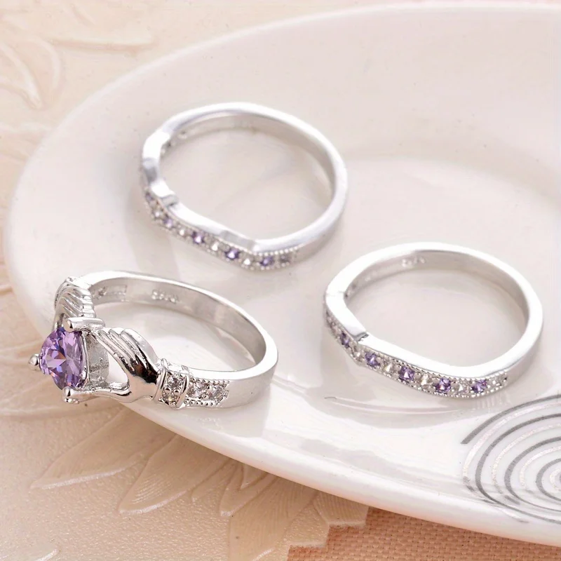 3pcs Claddagh Heart Design Rings Set Party Jewelry Arrows Cubic Zirconia in Purple, Blue & Pinkish Anniversary Holiday Gifts