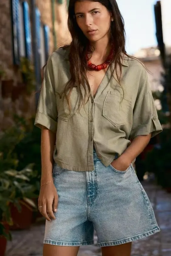 

Summer New Faion Loose Sweet V-ne ort Sve Linen Blend irt Women's Casual Classic Sle Pure Color irt