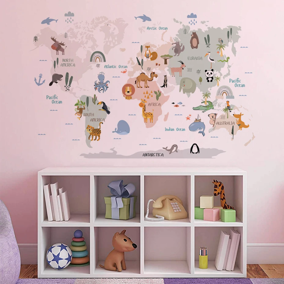 Large World Map Wall Stickers Cartoon Animals Wildlife Watercolor Kids Vinyl Nursery Art Decals for Babys Girls Room Home Decor