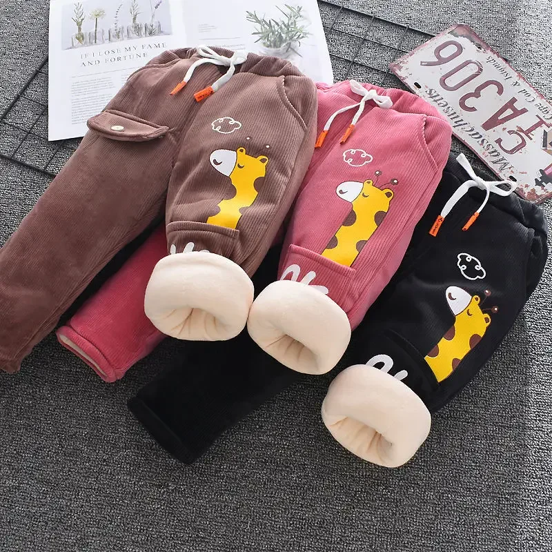 

Winter Kids Fleece Pant 0-7Y Children Clothing Autumn Baby Girl Plus Velvet Leggings Boys Embroidery Cartoon Thick Warm Trousers