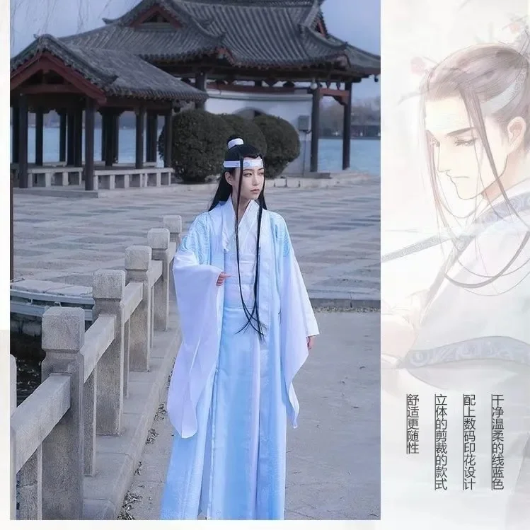 Mo Dao Zu Shi 오리지널 Lan Wangji 코스프레 코스튬 Lan Zhan Wei Wuxian Yiling 총 대주교 고대 코스튬, 가발 신발 풀 세트