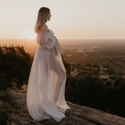 See Through Dot Tulle Maternity Photo Shooting Long Dress Off-the Shoulder Tulle Long Dress For Pregnant Woman Photography Props