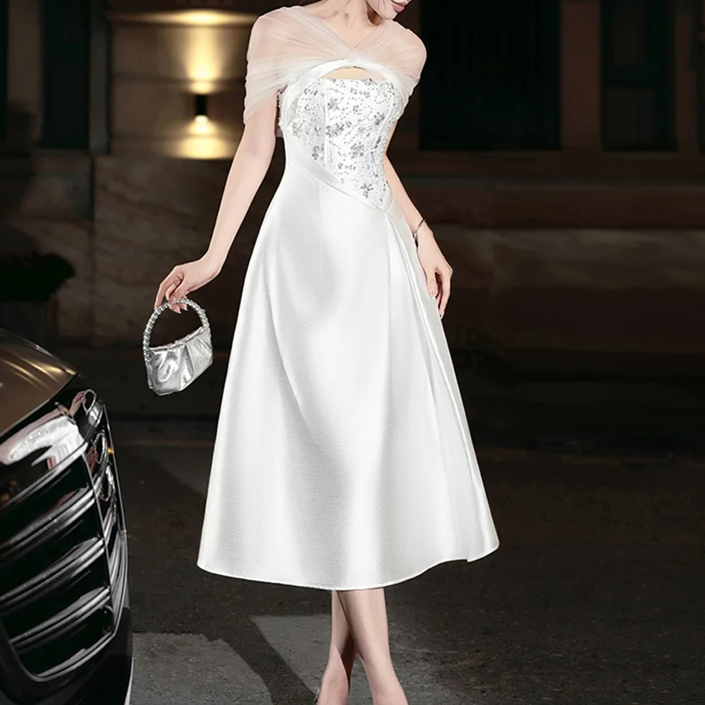 

Customized High Quality Satin A-Line Crystal Evening Dress Graceful Tea Length V-Neck vestidos para mujer Custom Made