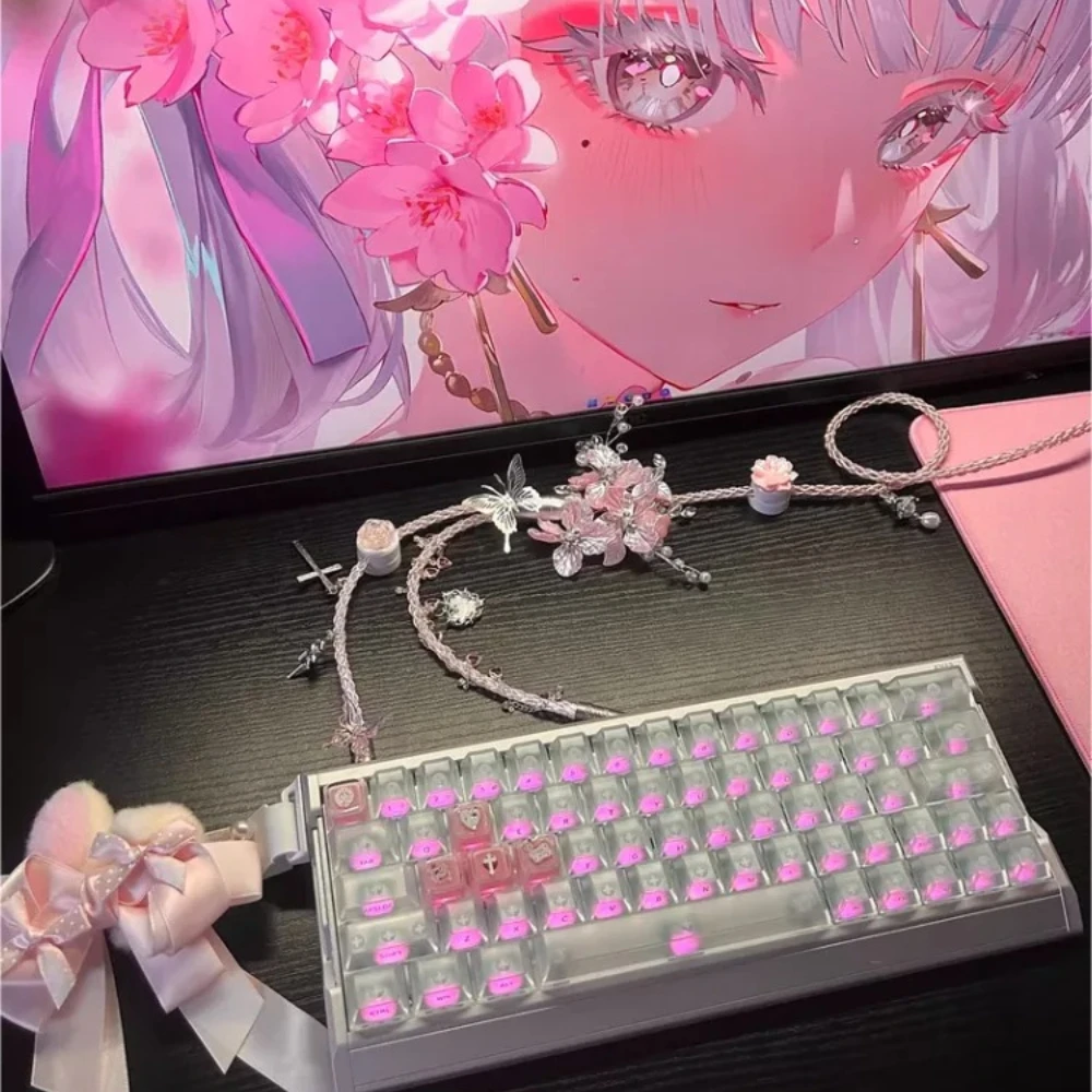 Pink Flower Theme Keyboard Aviation Plug Cable 1.3m 8k USB-Typec 1 To 2 Fully Luminous Mechanical Keyboard Data Cable Accessorie