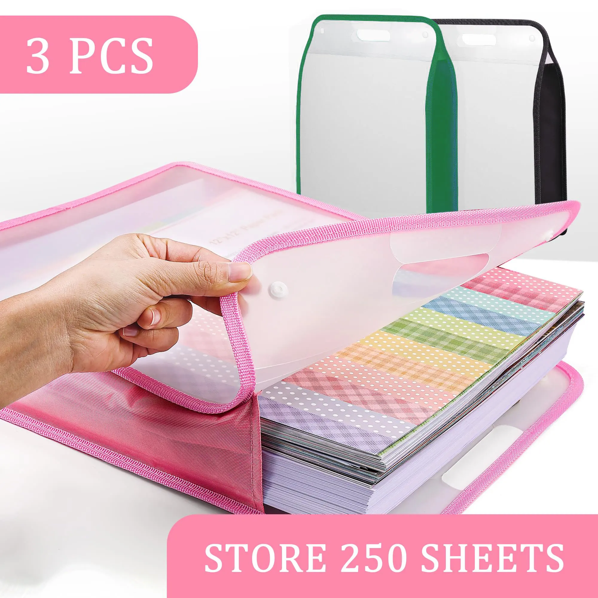 Organizador de armazenamento de papel para scrapbook 12x12, conjunto de 3 folios de papel expansível com alça transparente, perfeito para scrapbook