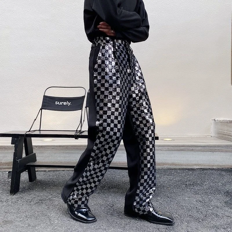 Niche Men's Black And White Checkered Sequin Patchwork Men's Long Pants Straight Wide Leg Design Chic Trousers Korean Y2222