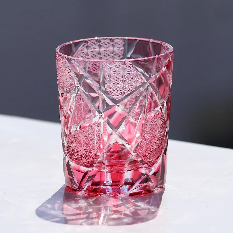 Japanese Edo Kiriko Pink Glass Crysatal Wine Whiskey Glass 250ml Beverage Cup with Gift Packing