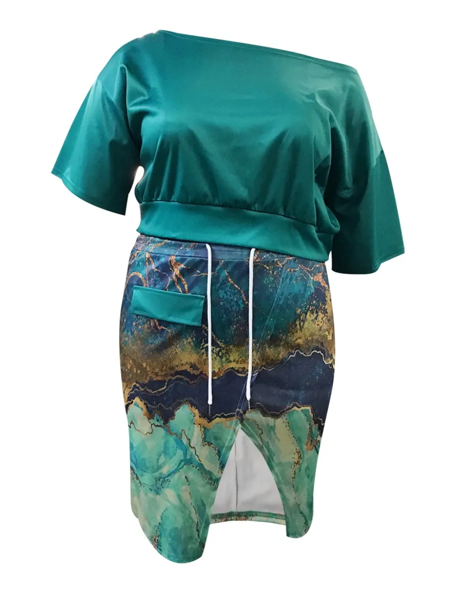 LW Multicolor Two Pieces Dresses Suits BASICS Mixed Print Elegant 2pcs Matching Outfits One Shoulder Top&Drawstring Slit Skirt