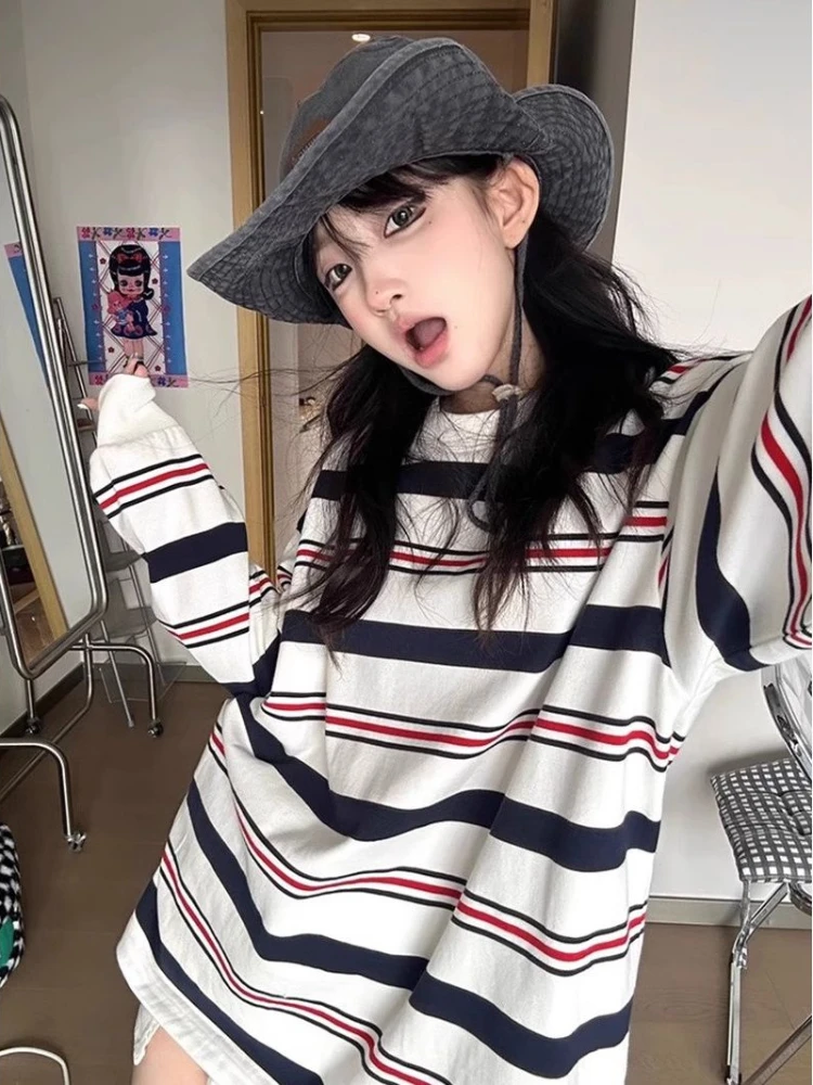 

Vintage Striped Long Sleeve Sweatshirt Women Y2k Korean Loose O Neck Pullovers Office Lady Fashion Streetwear Inner Tops