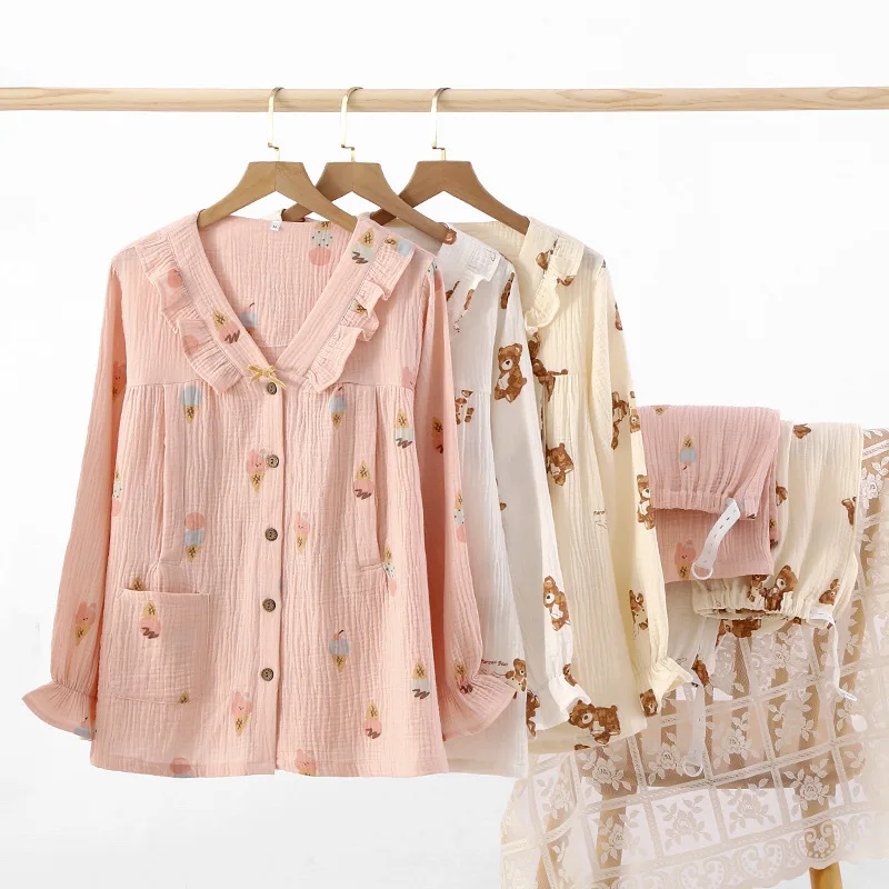 pure-cotton-summer-spring-thin-long-sleeve-sleepwear-maternity-nursing-home-clothes-breathable-sweat-absorbent-two-piece-set