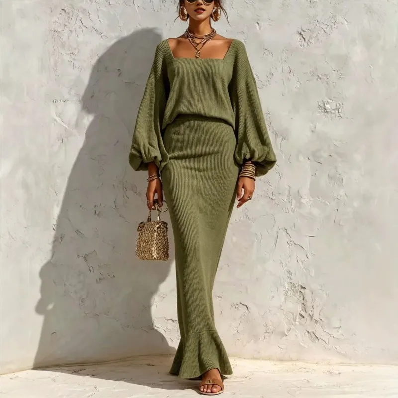 Women's Fashion Spring Fall Suit Boho Square Neck Lantern Sleeve Knitted Pit Strip Top Fishtail Half-length Skirt Two-piece Sets