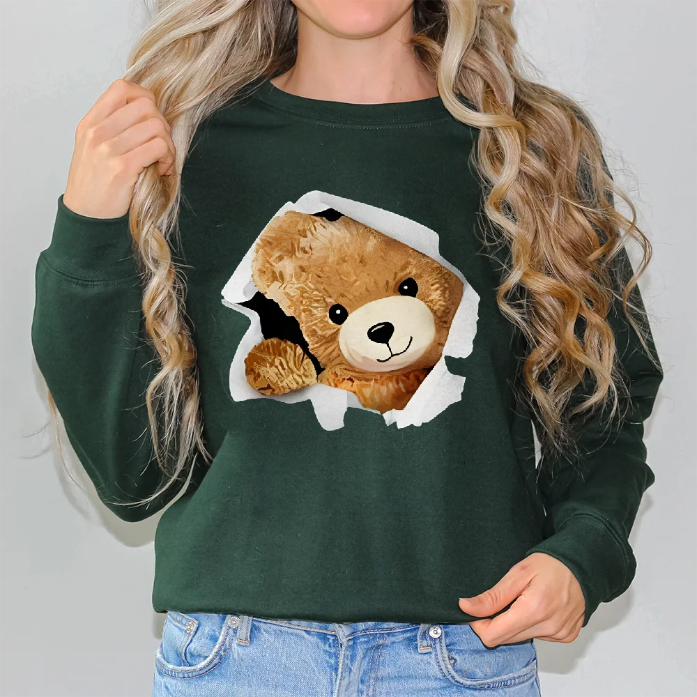 Aesthetic Sweatshirt Long Sleeves Stylish Pullover Y2K Graphic Hoodies Crew Neck Unisex Casual Daily Wear Cute Little Plush Bear