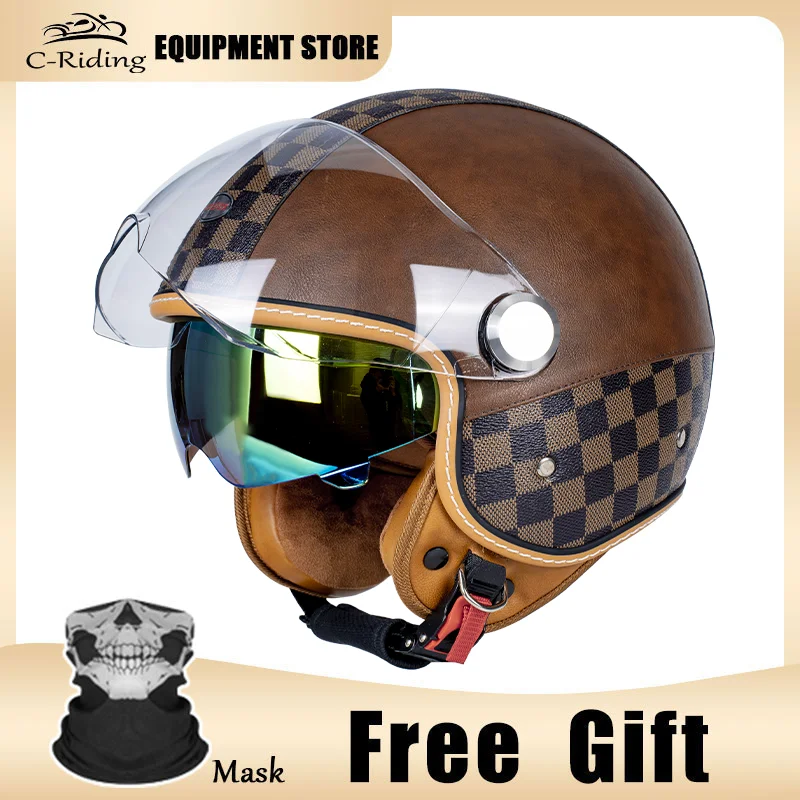 

Minimalist Retro Style Brown Check 3/4 Open Face Motorcycle Helmet Removable and Washable Breathable Liner for All Day Riding