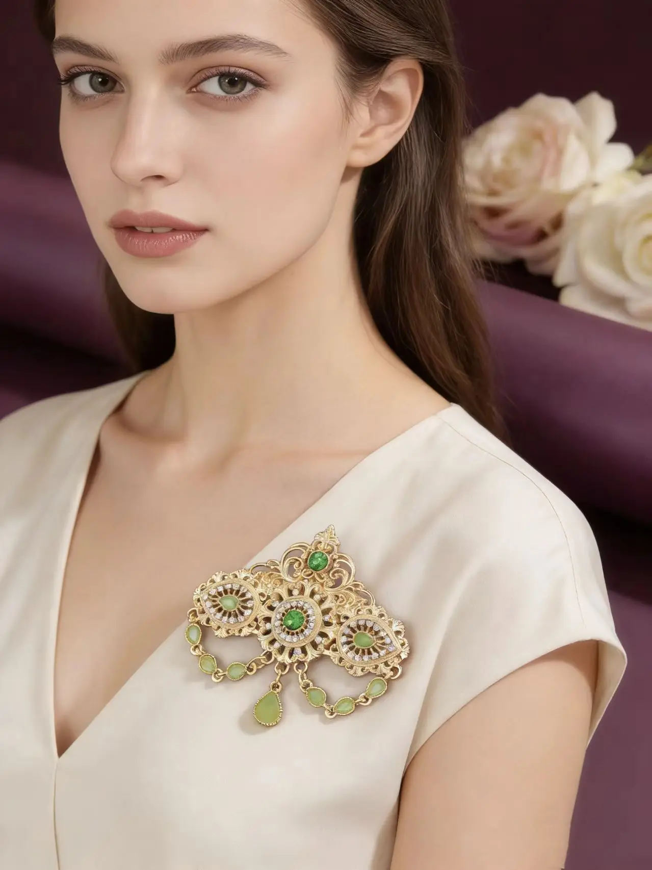 

Hollow Color Zircon Brooch Gold/White Plated Ethnic Bridal Party Brooch for Women