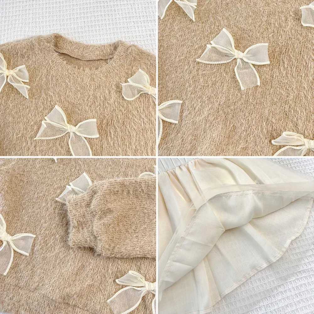 Herbstmode Neue Mädchenkleidung Khaki Schleifen-Oberteil mit Langen Ärmeln + Weißer Netzrock Koreanische Freizeitkleidung für Kinder Zweiteiliges Set – Detail 8