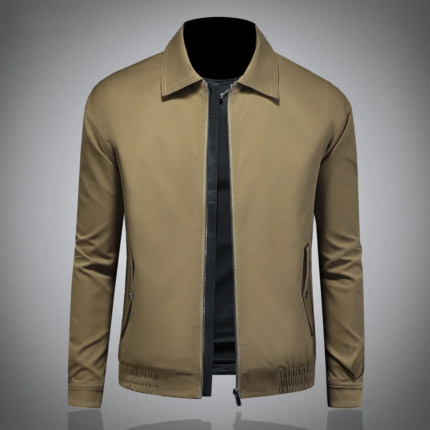 

Модная однотонная мужская куртка на молнии класса люкс с отложным воротником, повседневная, удобная, из полиэстера, с длинными рукавами