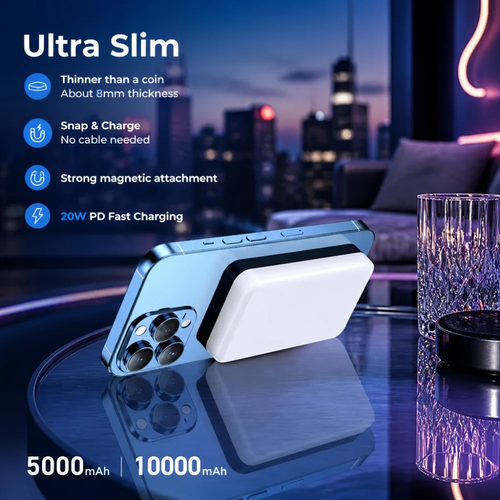 10000mAh Ultra Slim Magnetic Power Bank 20W PD Fast Charging Wireless Portable Charger Travel Mini Pocket Charger