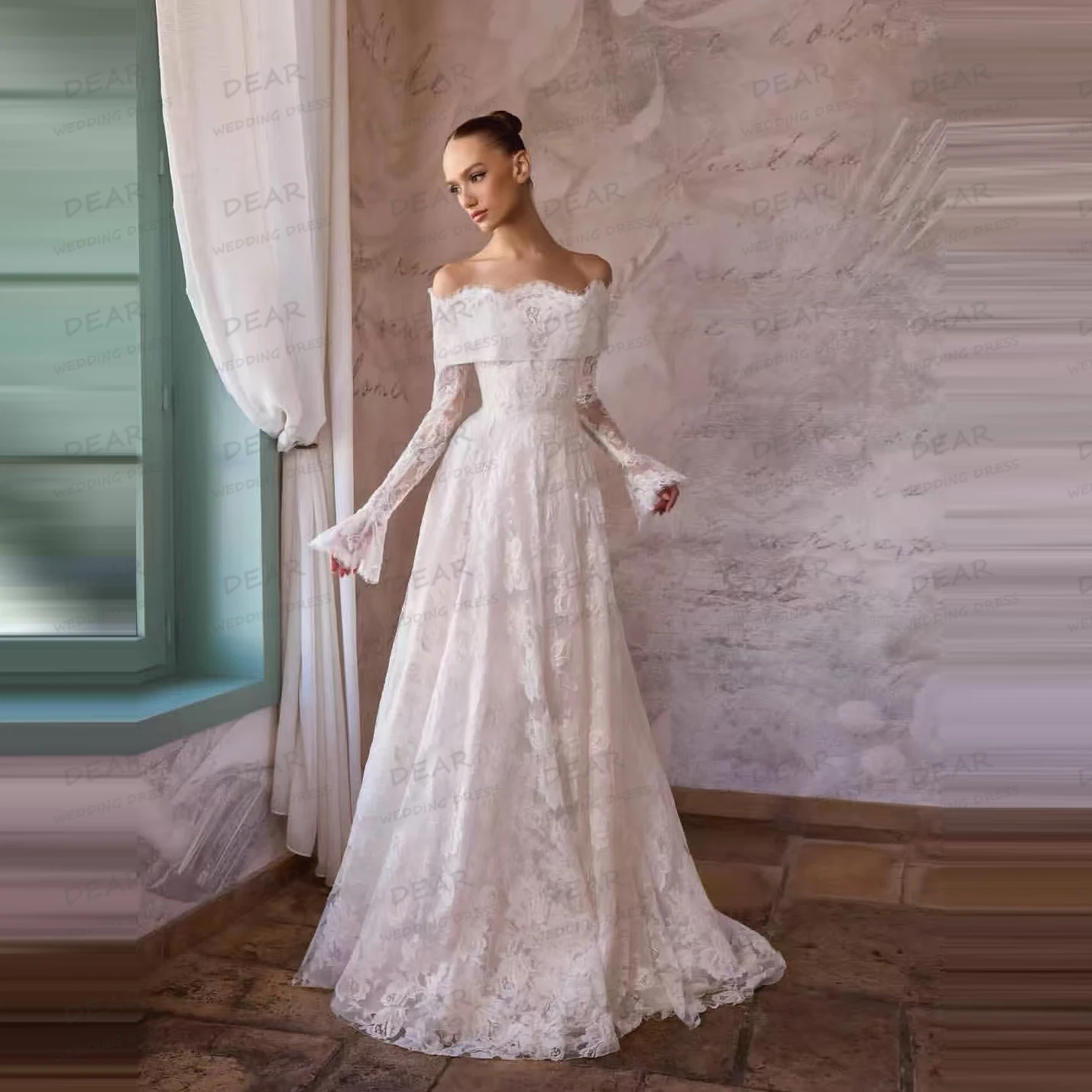 

Simple Appliques Wedding Dresses Off Shoulder Lace A Line Women's Bride Gowns Tulle Elegant Vestidos De Novia Customized Party