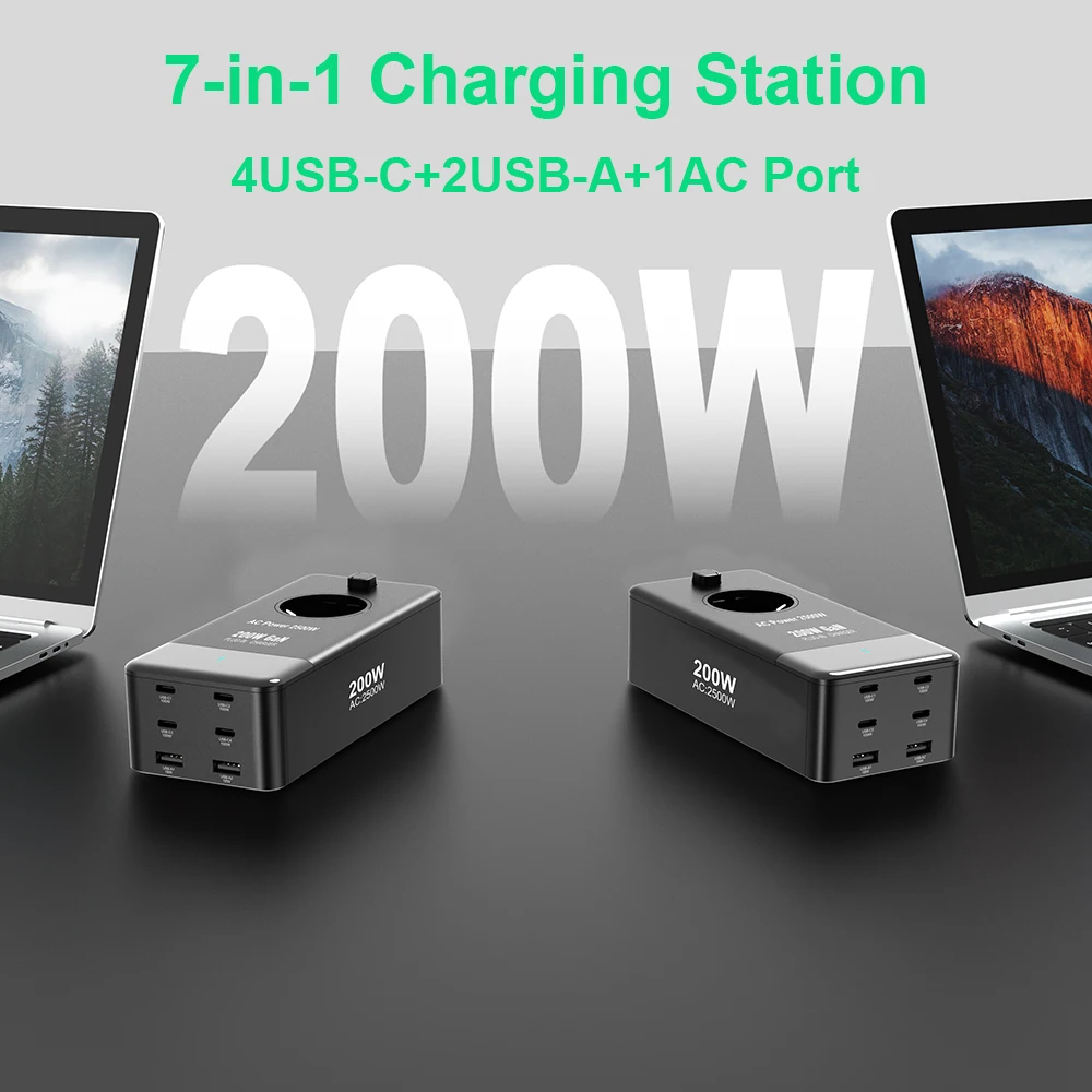 URVNS 200W Fast Charging Station GaN USB C Charger Power Strip with 1 Outlet, 4 USB-C PD 100W, 2 USB-A Ports for Laptops Phones image 2
