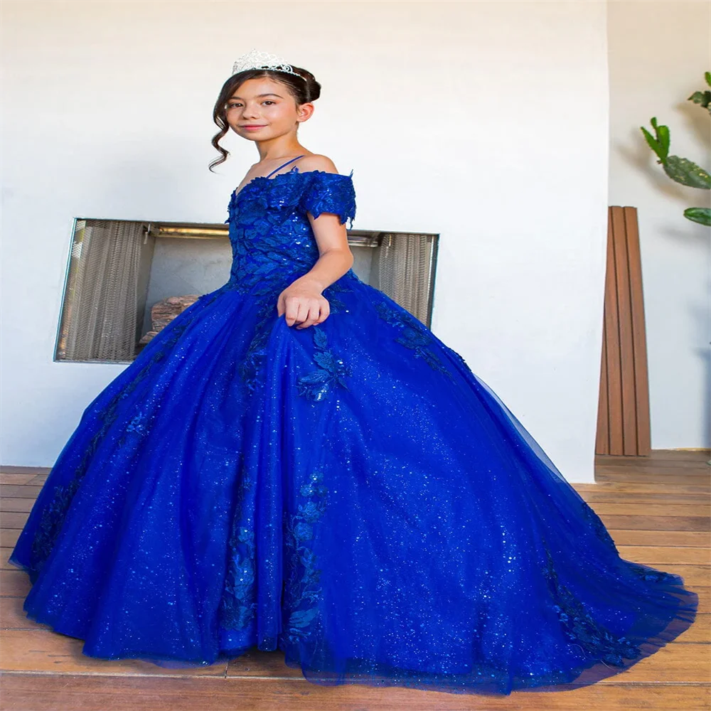 Vestido de niña de flores azul real con banda de espagueti, pegatinas de encaje, gasa fina, desfile de belleza de princesa, evento Formal