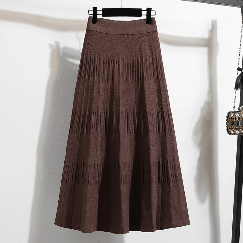 Casual High Waist Loose Knit Pleated A-line Long Skirt Korean Fashion Streetwear Basics Autumn Winter Plus Size Elastic Clothing