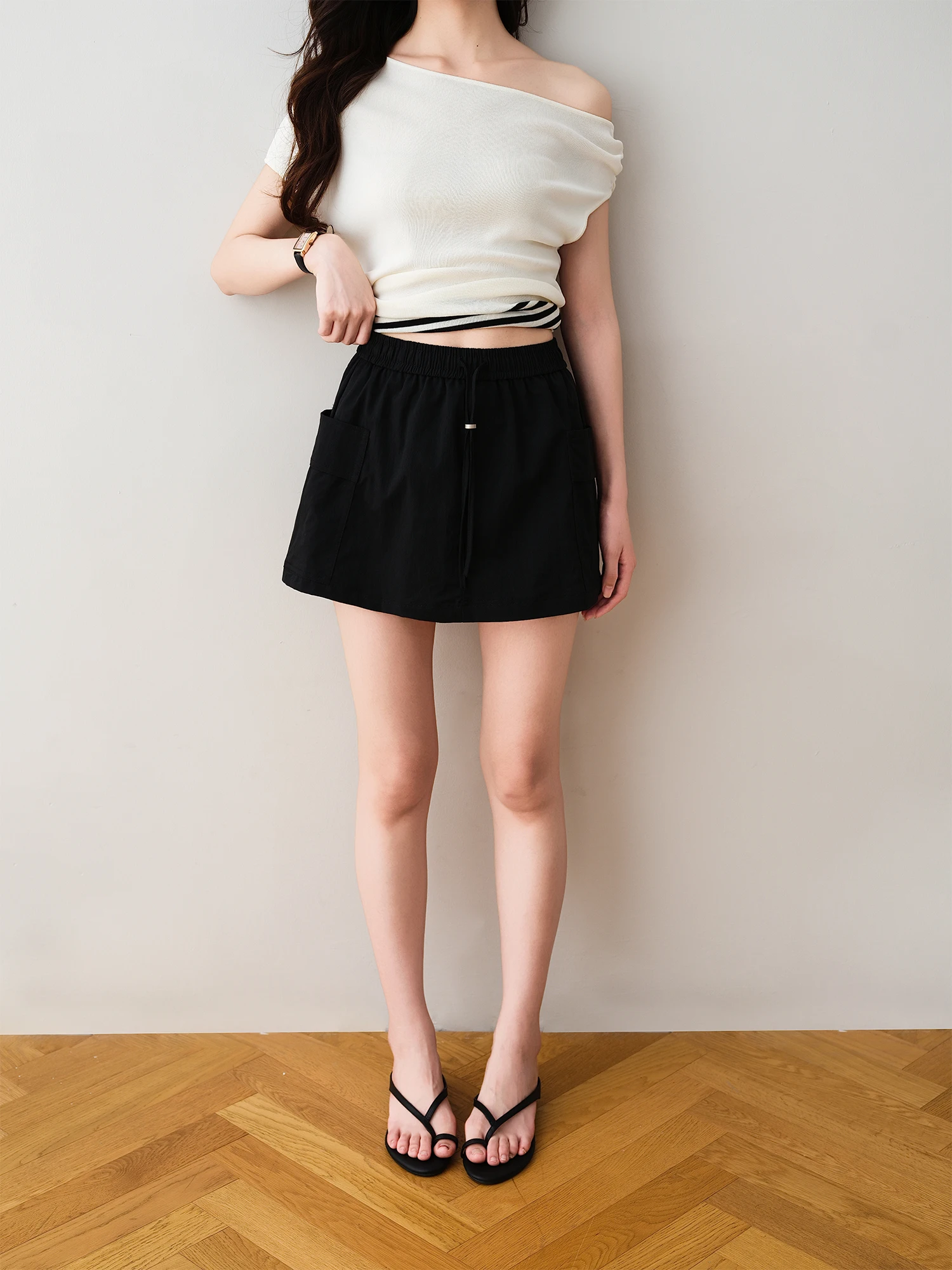 

High Waist A-Line Skirt Pants Dstring Elastic Waist f-length Skirts RONRON Korean Sle Summer New Ele Versatile