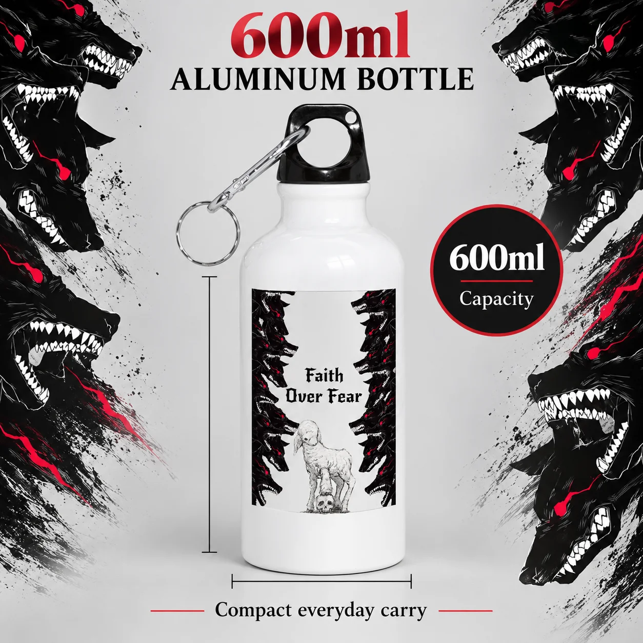 1pc Sublimation Water Bottle, Faith Over Fear Gothic Wolf Lamb Print Aluminum Sports Bottle, Inspirational Quote Outdoor