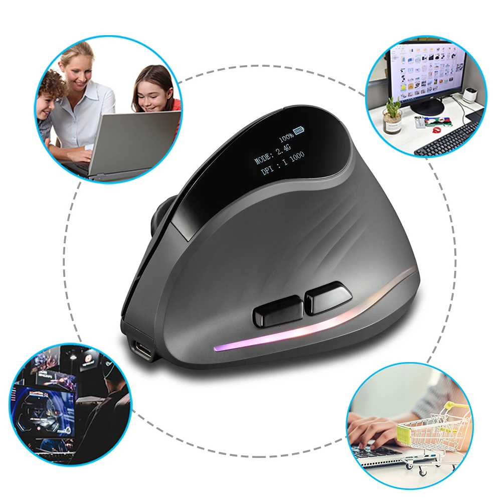 Vertical Wireless Mouse Adjustable DPI Ergonomic Mouse Rechargeable Tri-Mode BT+2.4GHz+Wired 7 Buttons for PC Laptop Mac
