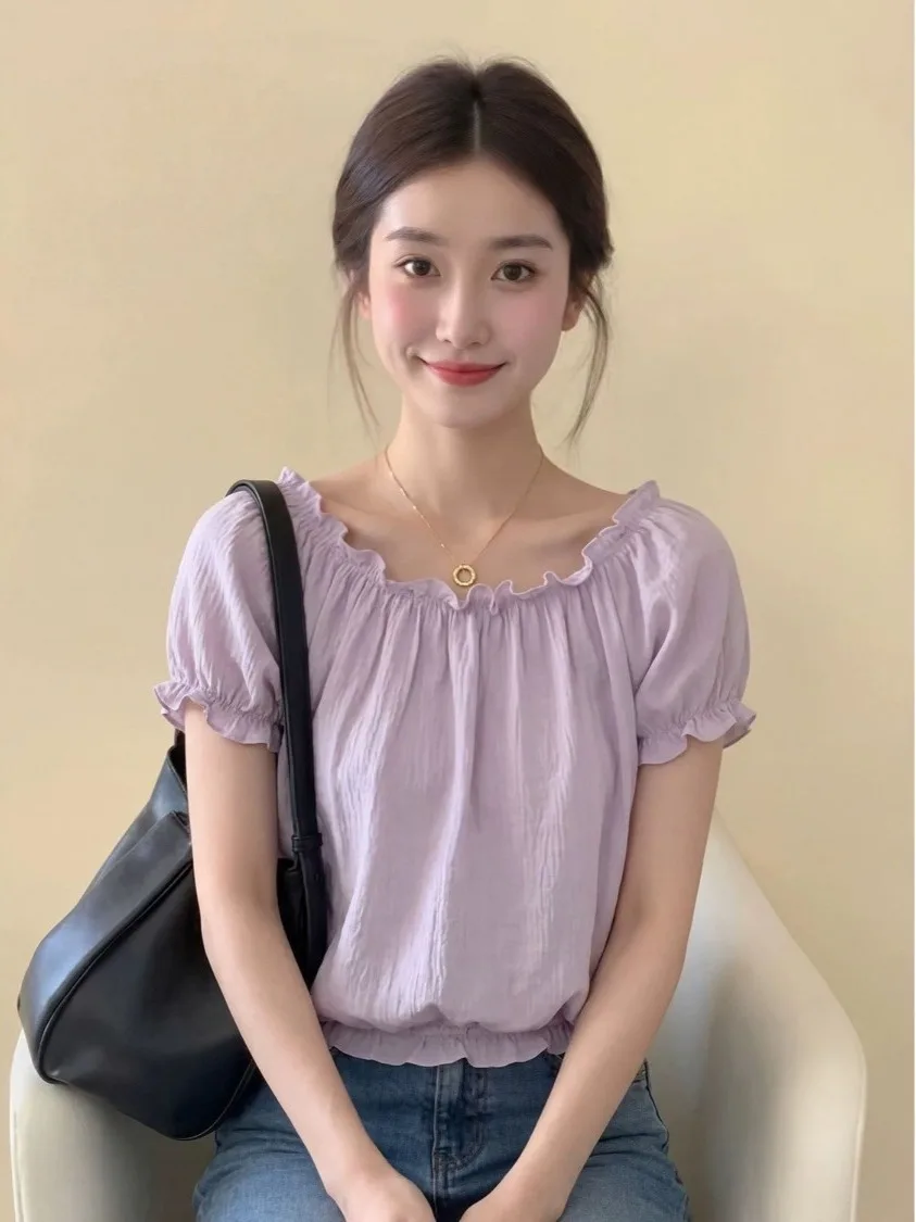 Purple Ruffle Collar Bubble Sleeve Short Sleeve T-Shirt Women's Summer New Unique Anti-Aging Top French Style Loose Fit High ...