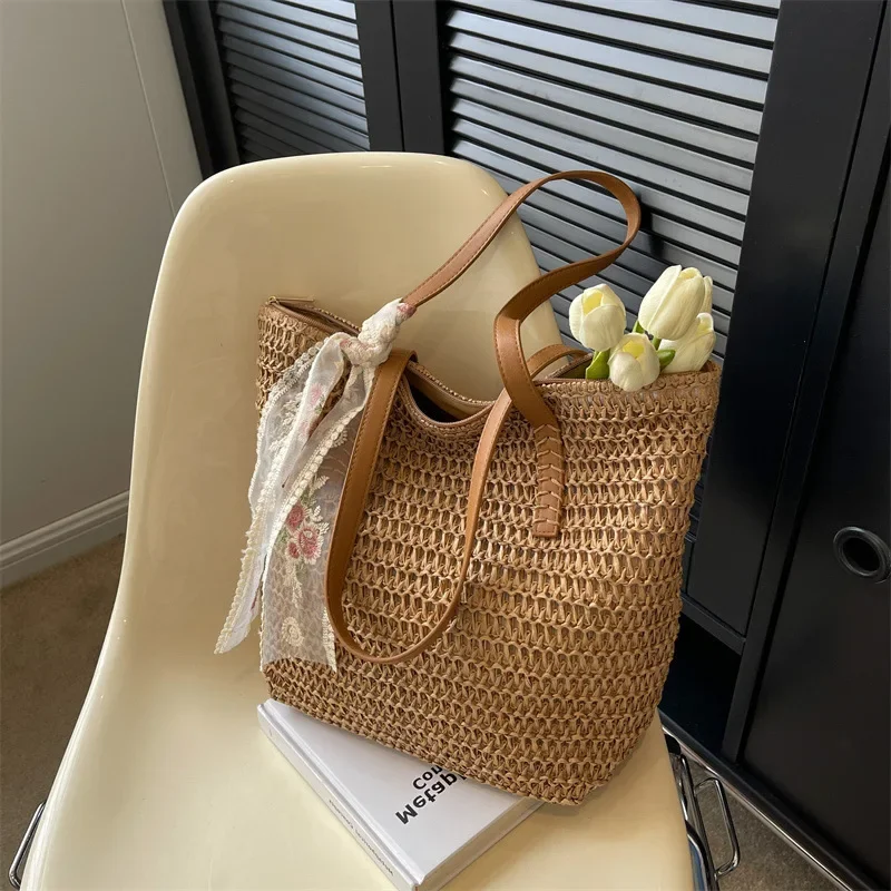 Vintage Women Woven Shoulder Bag Solid Color Lace Ribbon Tote Handbags Wicker Boho Straw Bag for Beach Handle Beige Bag