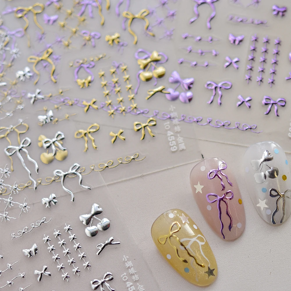 Chic Bowknot ผ้าไหมริบบิ้น Tie Knot Cherry Gold Stamping กาวเงา 5D สติกเกอร์เล็บ Dreamy Tender Elegant เล็บ Decal