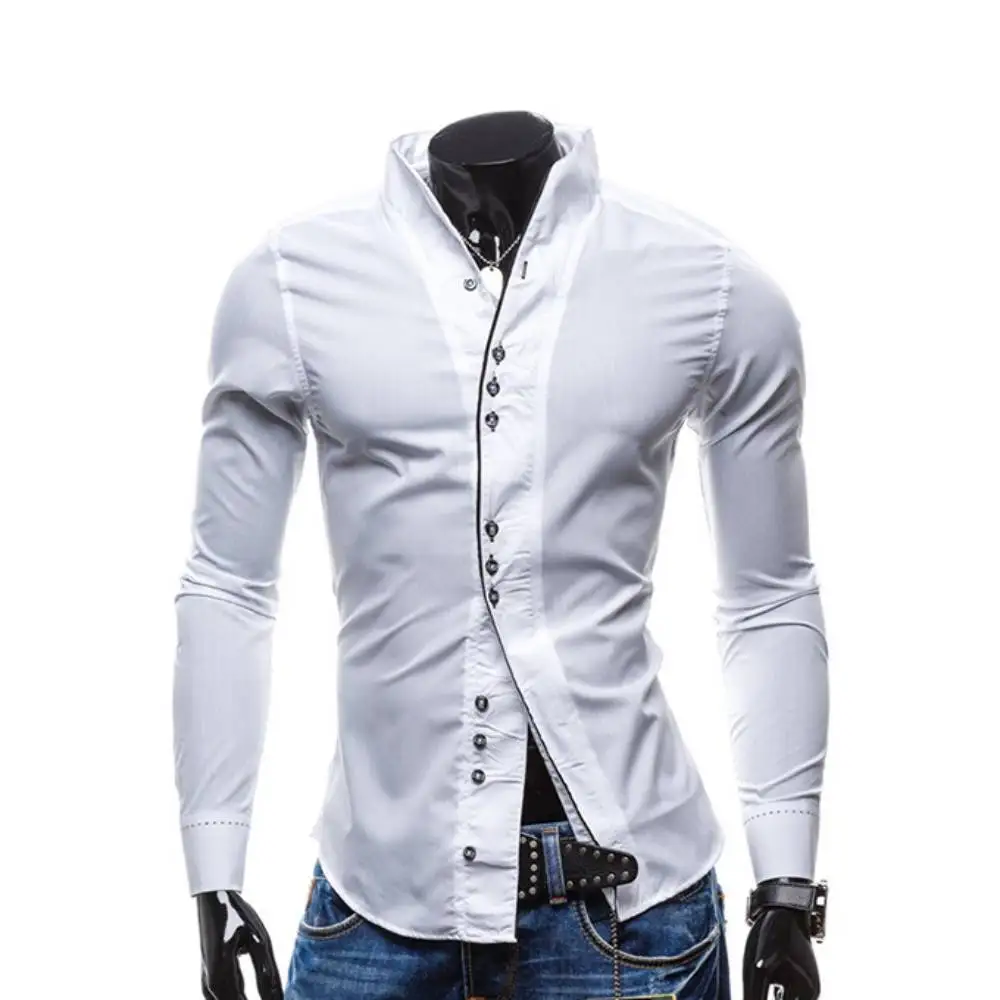 Men\'s Formal Slim Fit Long Sleeve Shirts Stand Collar Dress Chemise Fashion Casual Blouse Social Camisa Business Office Apparel