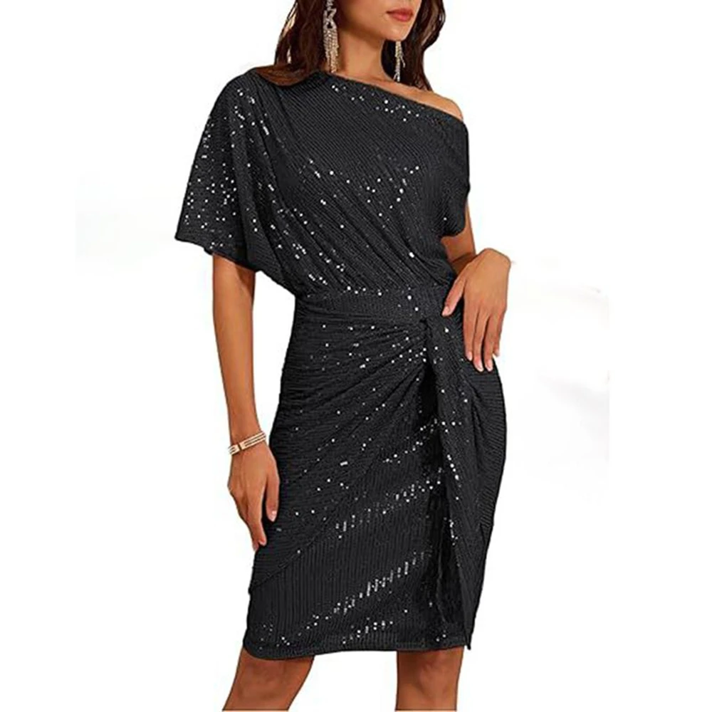 Robe crayon mi-longue à paillettes pour femmes, col alertes onal kly, manches chauve-souris lancées, blasons à paillettes, robe de soirée élégante, manteaux hasaki, avocat