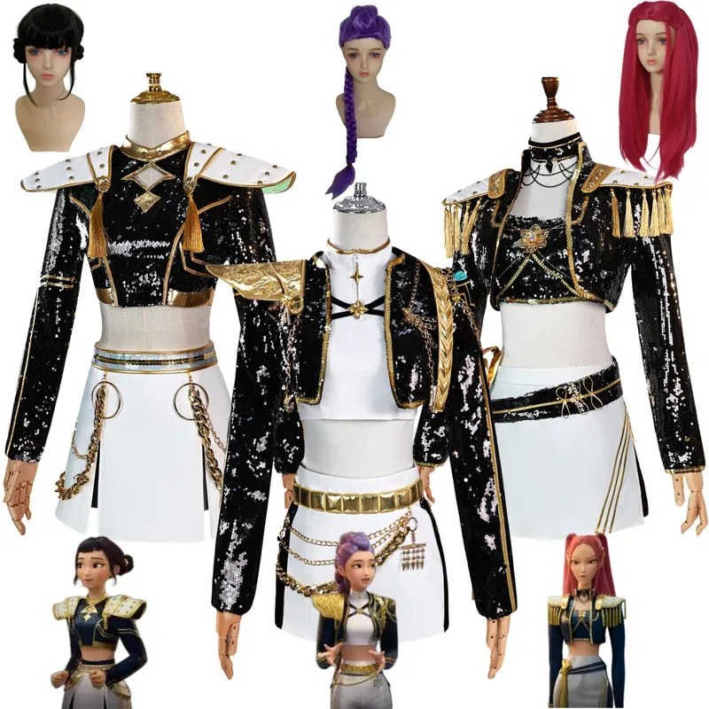 Новый аниме-фильмы Охотники Руми Мира Зои Косплей Костюм Концерт Черное пальто Короткая юбка Униформа Полный комплект Парик Женский сексуальный костюм; 2 '