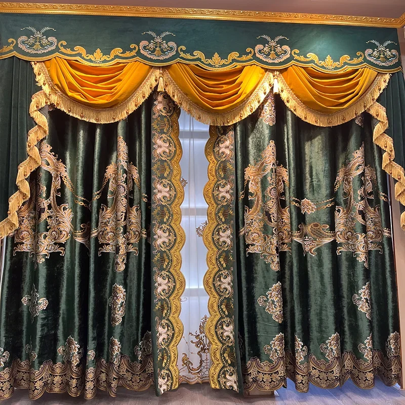 European Custom Size Embroidered Green Luxury Velvet Curtains for Living Room Bedroom Dining Valance Tulle Thicken Window Lace